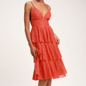 Lulus Endless Romance Coral Orange Lace Ruffled Midi Dress